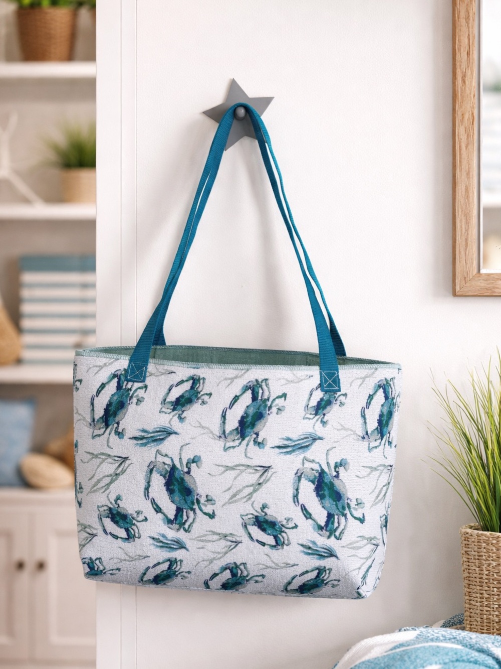 Reversable Teal Crab Print Canvas Tote Bag - Beach-Ready Women’s Carryall